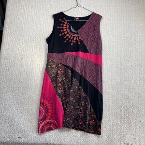Coline Bohemian Patchwork Shift Dress Multicolor Boho Artsy Funky Folk Wom Sz XL